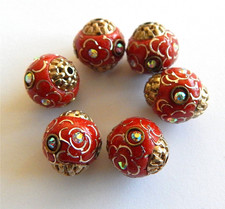 10 Perlen 14mm Boho Indonesia Style rot gold verziert Strass Steinchen 14x13mm