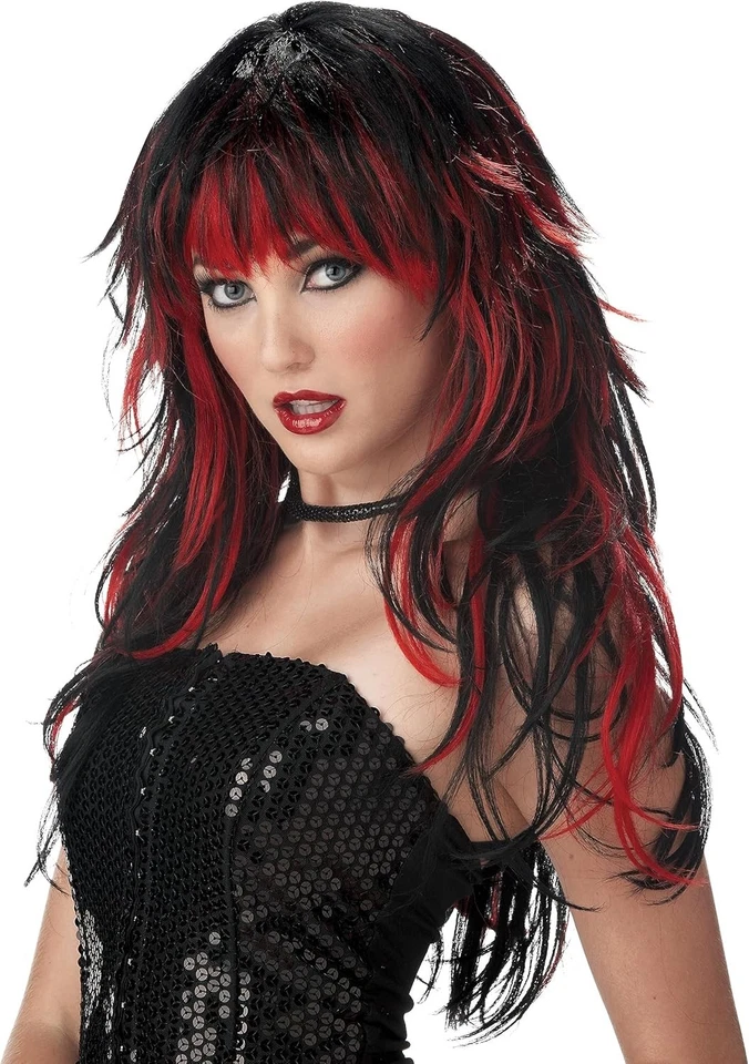 Peluca larga negra y roja inspirada en vampiros con flequillos coquetos - para looks impresionantes Foto 2 de 2
