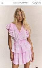 LoveShackFancy Pink Smocked Ruffle Eyelet Lace V-Neck Flutter Mini Dress XS