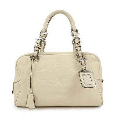 PRADA Vitello Daino Leather Boston Bag Shoulder Bag Ivory BR3091