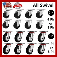4-8 Pk of 2" & 3" Swivel Caster Wheels Rubber Base Top Plate Bearing Heavy Duty