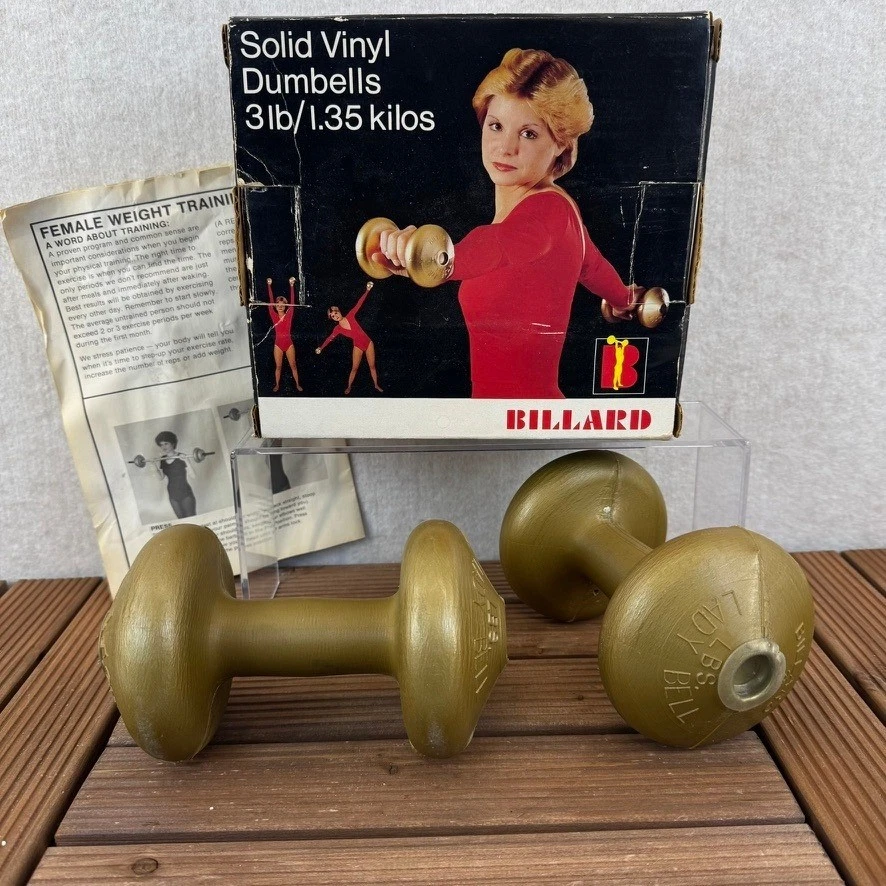 Vintage Billard Lady Bell 3lb Solid Vinyl Dumbbells Gold Set with Box and Chart