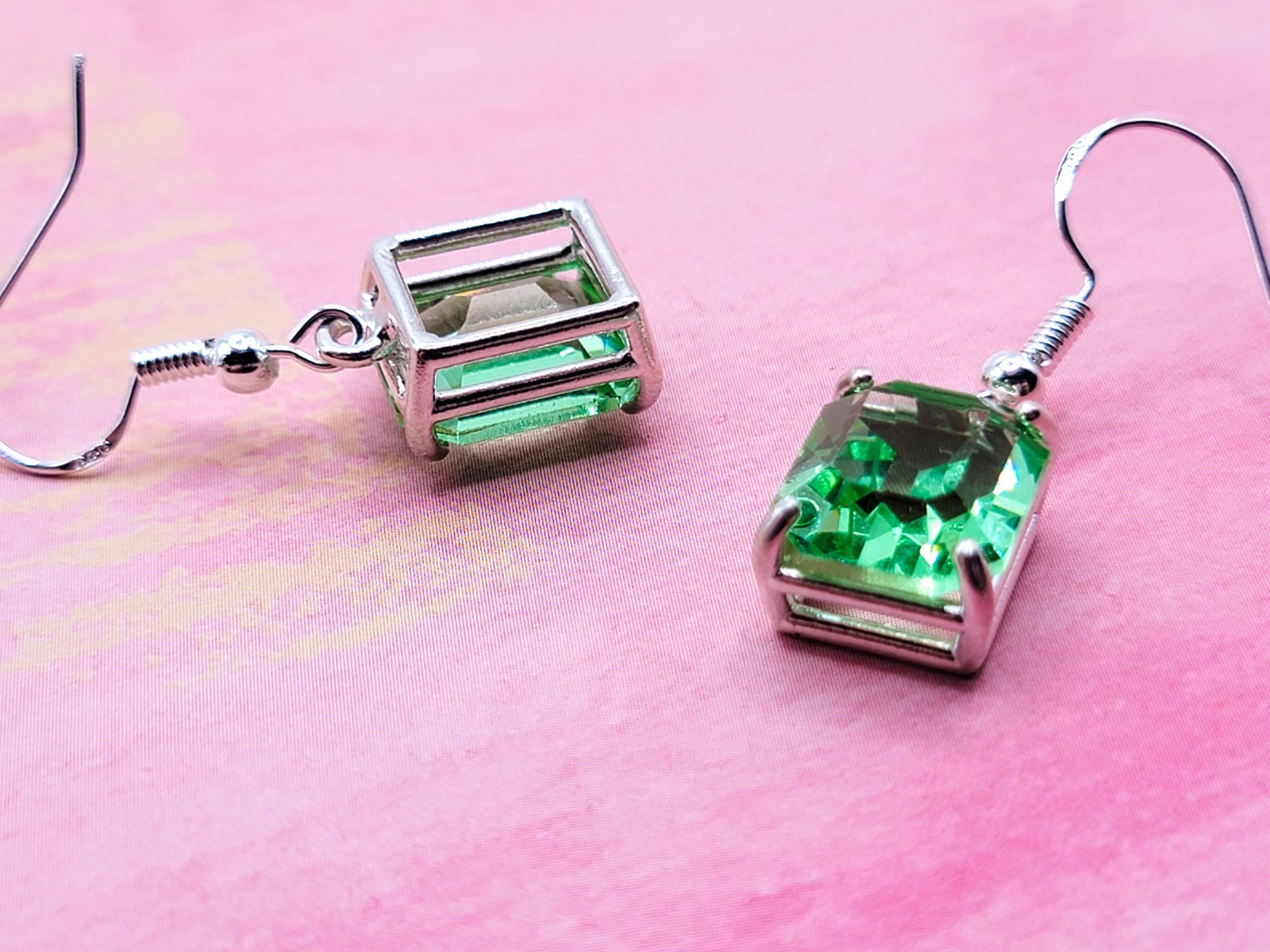 Sterling Uranium Glass Earrings Dangle Emerald Cut Green 925 Silver