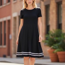 Lauren Ralph Lauren Black White Striped Hem Fit Flare Midi Dress XL Short Sleeve
