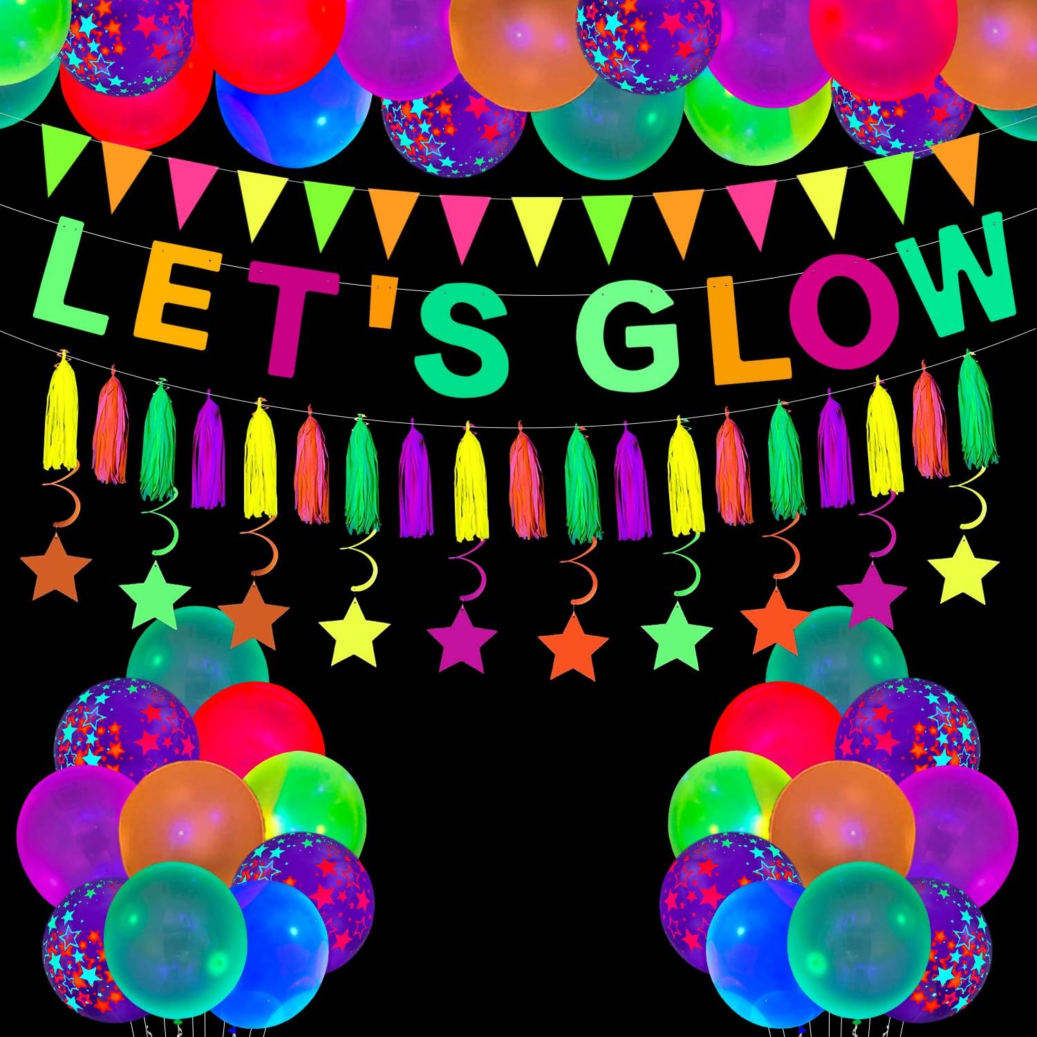 Fournitures de fête néon Let's Glow pour décorer facilement une salle de fête sombre