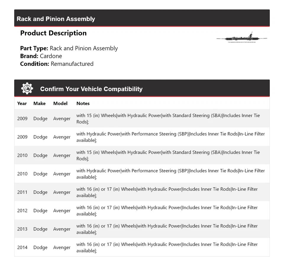 For 2009-2014 Dodge Avenger Rack and Pinion Assembly Cardone 2010 2011 2012 2013 - Image 2 of 4