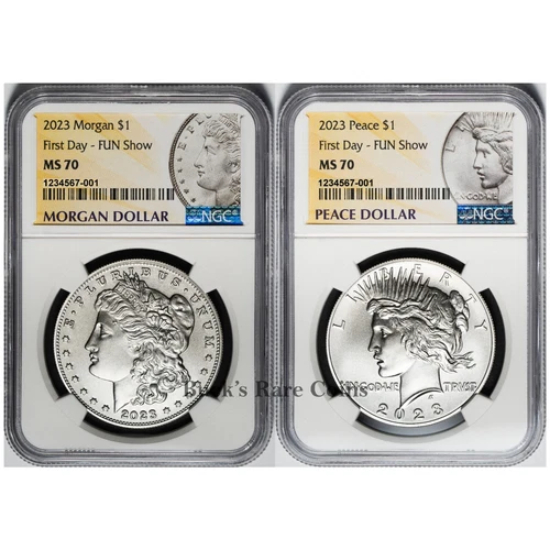 2023 MORGAN PEACE SILVER $1 NGC MS69 FIRST DAY ISSUE FUN SHOW RELEASE 2 COIN SET