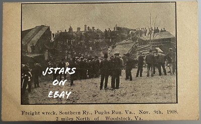 1908 WOODSTOCK, VA, PUGHS RUN SOUTHERN RAILWAY FREIGHT TRAIN WRECK POSTCARD #1