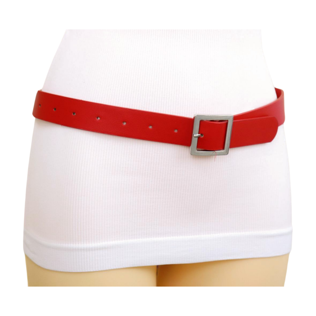 Women Red Faux Leather Skinny Simple Look Belt Silver Square Women Red Faux Leather Skinny Simple Look Belt Silver Square