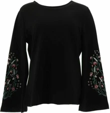DG2 Diane Gilman Embroiderd Bell-Slv French Terry Top ,BLACK, L