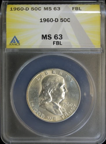 1960-D FRANKLIN HALF DOLLAR ANACS MS-63 FULL BELL LINES TONED (2431038)