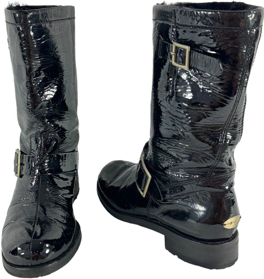 JIMMY CHOO Black Patent Leather Shearling Buckle Mid Calf Boots