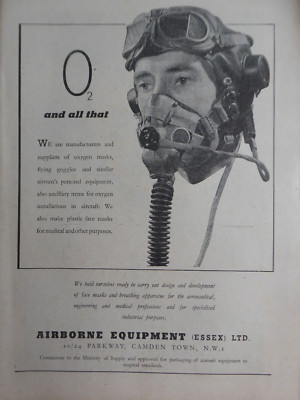 9/1947 PUB AIRBORNE EQUIPMENT SAUERSTOFFMASKE FLIEGENDE BRILLE PILOT FLIEGER ANZEIGE