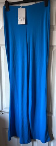 BNWT Blue Stretch ZARA Flare Leg High Waist Pull On Trousers M 10 - Picture 2 of 5
