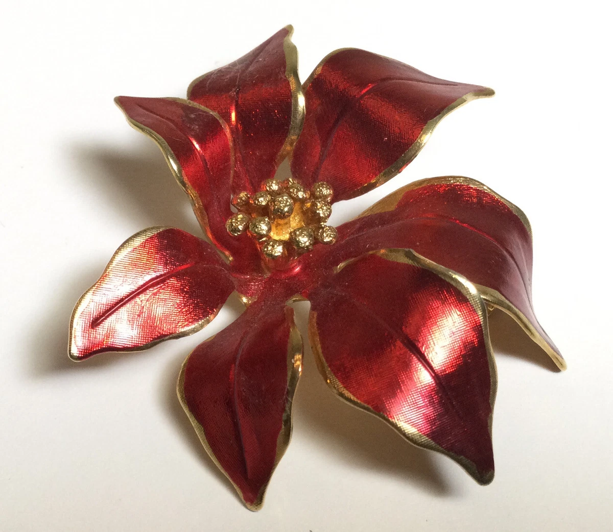 VINTAGE Cerrito Poinsettia Flower Red AND GOLD Enamel Flower BROOCH PIN ESTATE