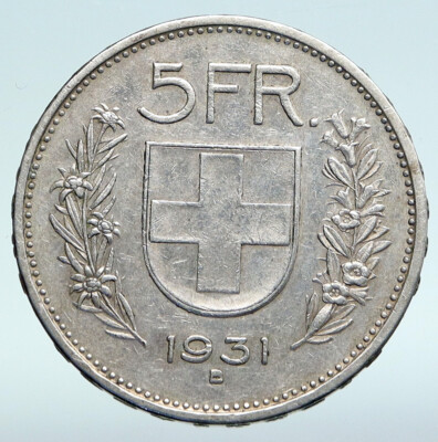 1931 B Switzerland Founding HERO WILLIAM TELL 5 Francs Silver