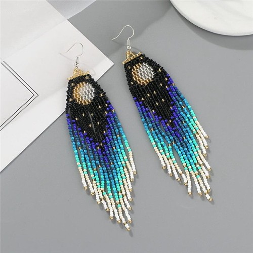 Bohemian Earrings Handmade Star&Moon Beads Earrings Beaded Long Drop Dangle - Picture 5 of 21