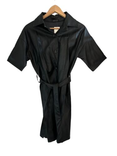 Moda Faux Leather Black Button Up Shirt Dress with Tie Waist size s/m