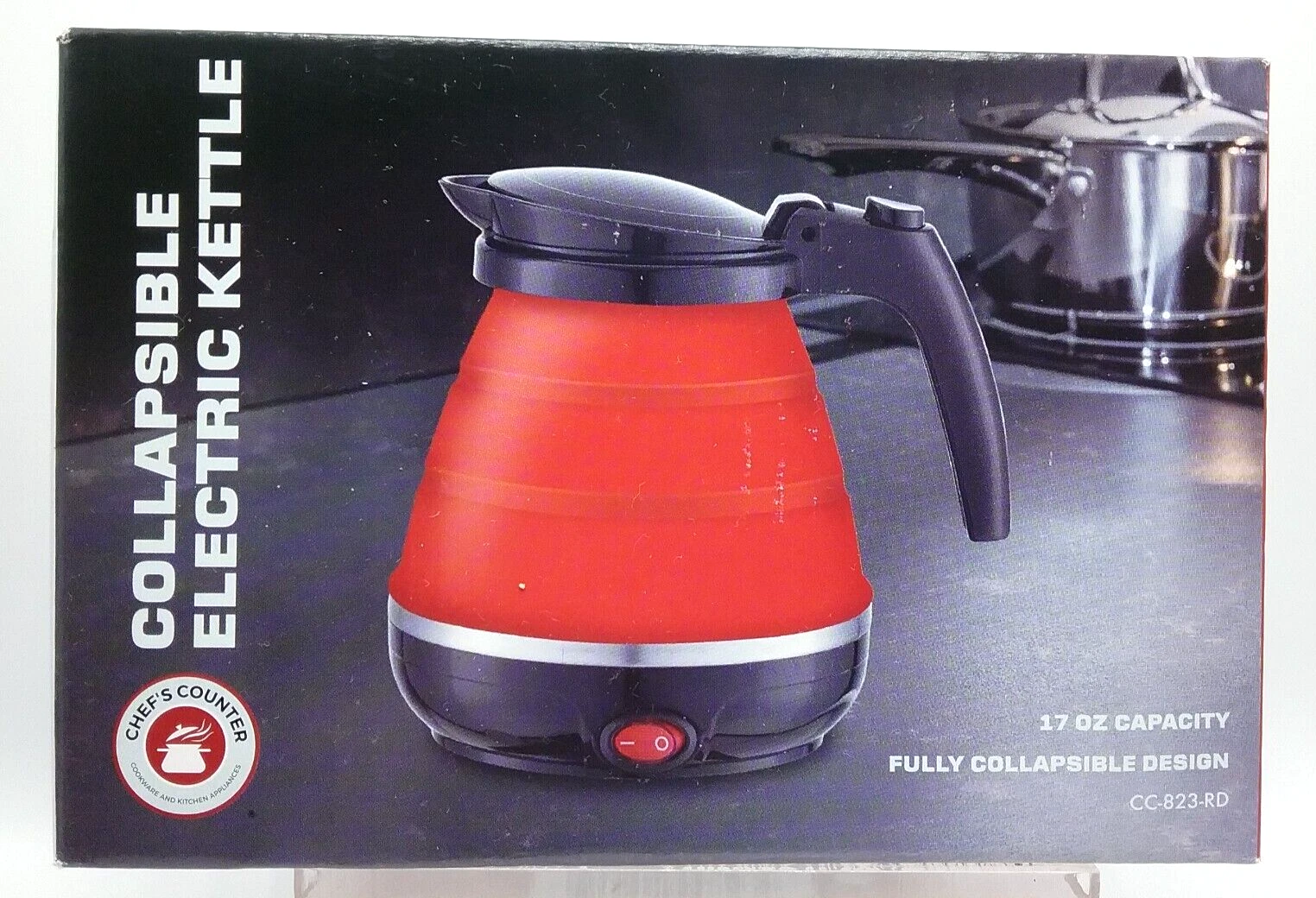 Chef’s Counter Collapsible Electric Kettle 17 Oz. Kitchen Space Saver Red/Black
