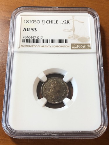 Chile 1810 SO FJ Silver 1/2 Real - NGC AU53 - Top Pop 1/0 - Rare Date - Picture 2 of 6