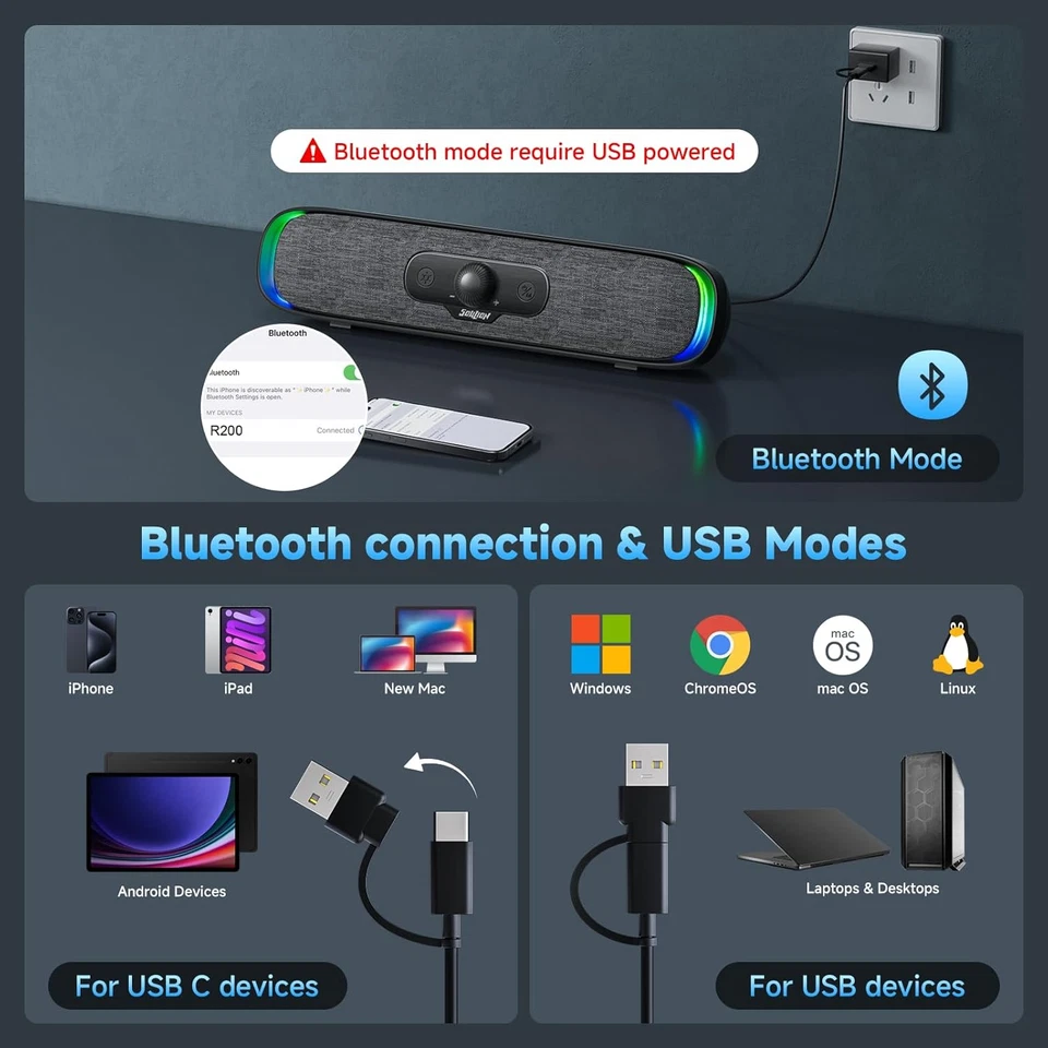 Soundbar PC USB C Bluetooth Compatta con 3 Effetti Luce LED per Laptop Computer - Immagine 4 di 4