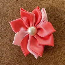 Handmade Girls Satin Flower Hair Clip, Pink/White Solid, Pearl Accent, One Size