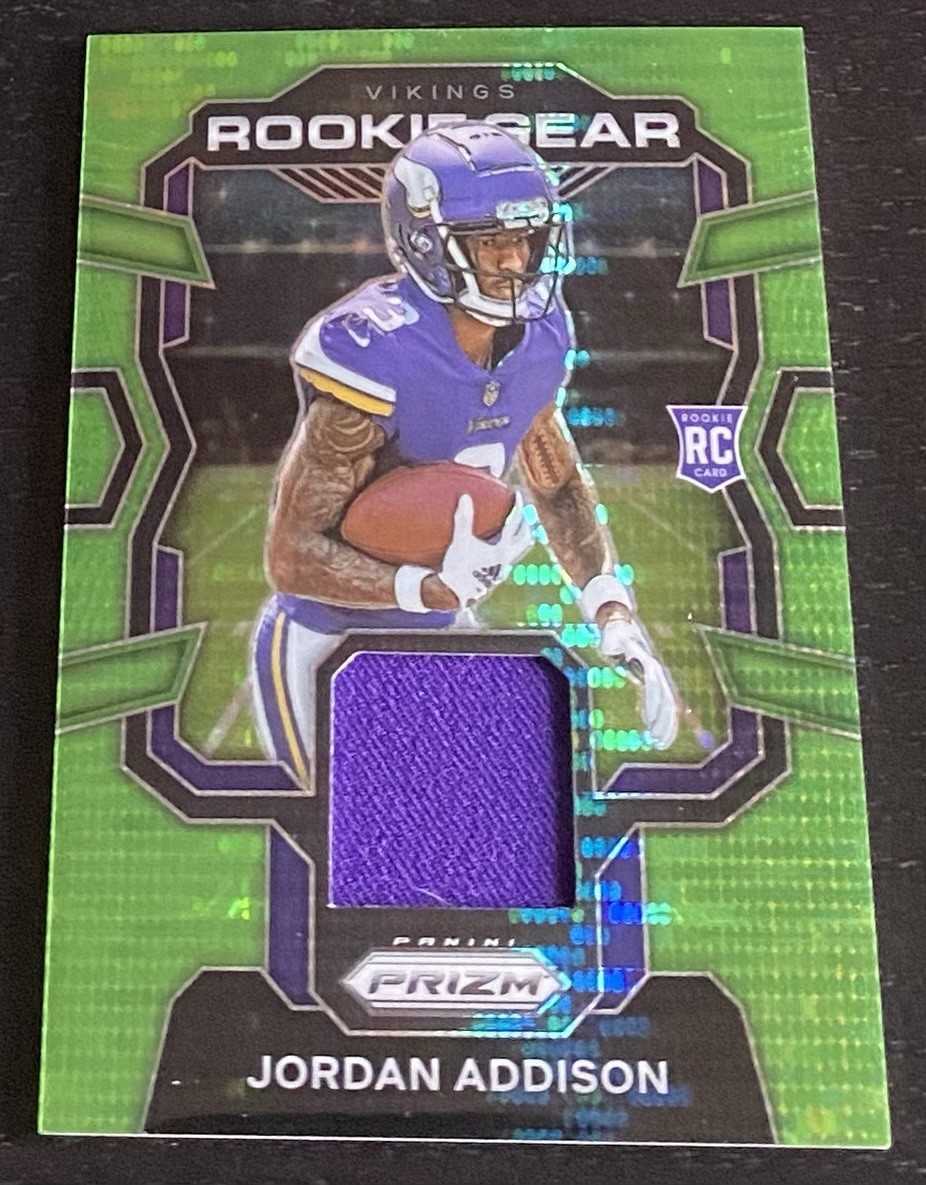 2023 Prizm Jordan Addison RC Premier Jerseys Patch Neon Green Pulsar PJ-JA