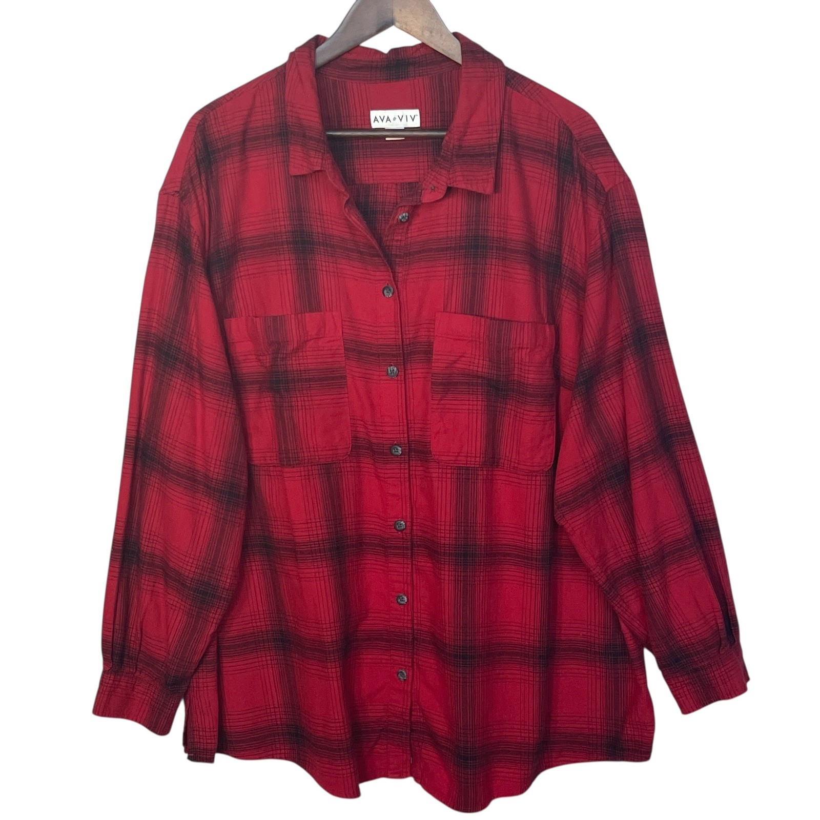 AVA & VIV Red Black Plaid Button Up Long Sleeve Shirt Women Plus Size 2X
