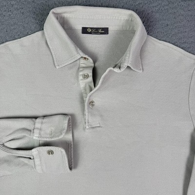 Loro Piana Polo Shirt Mens Large Beige Long Sleeve Knit Pique Made in Italy