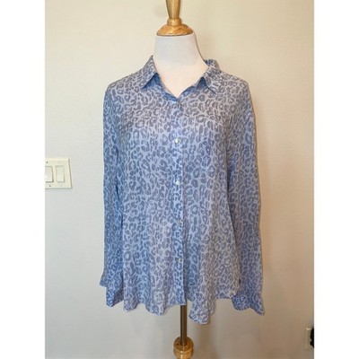 Rails Josephine Blue Batik Cheetah Print Long Sleeve Button Front Blouse Size XL