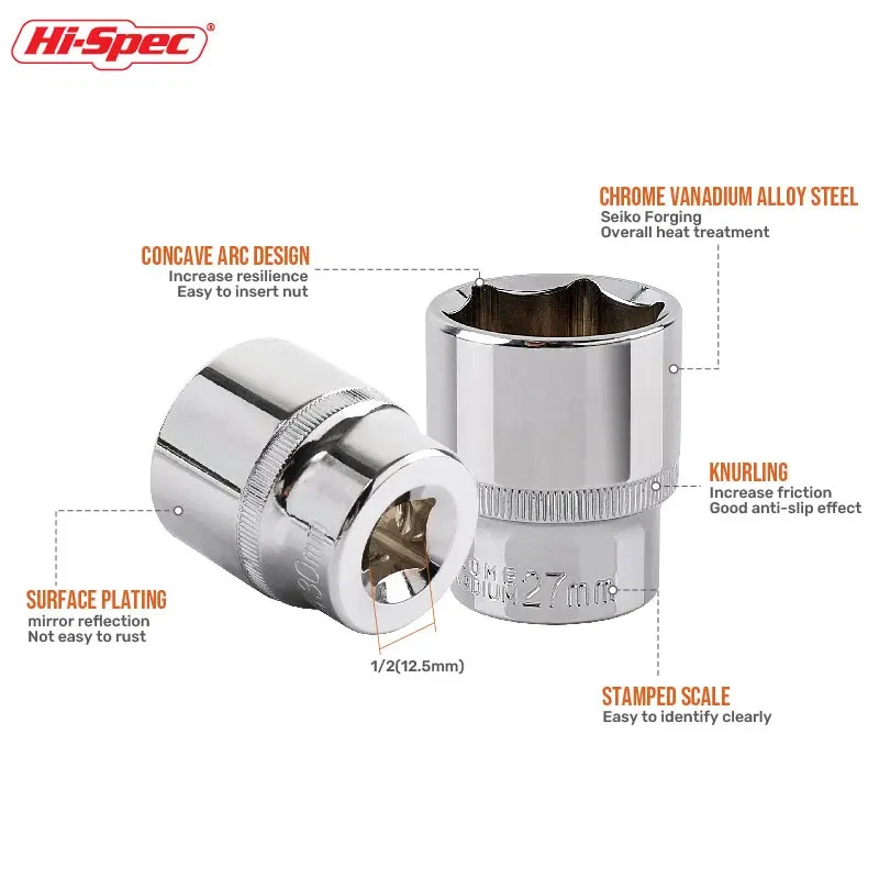 Hi-Spec 8-36mm 1/2"Drive Deep Impact Socket Set CR-V Steel Ratchet Wrench Socket - Image 3 of 4