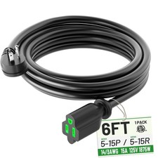 6 Foot 3-Prong Flat Plug Extension Cord Black 14/3 Gauge 15A 1875W Indoor