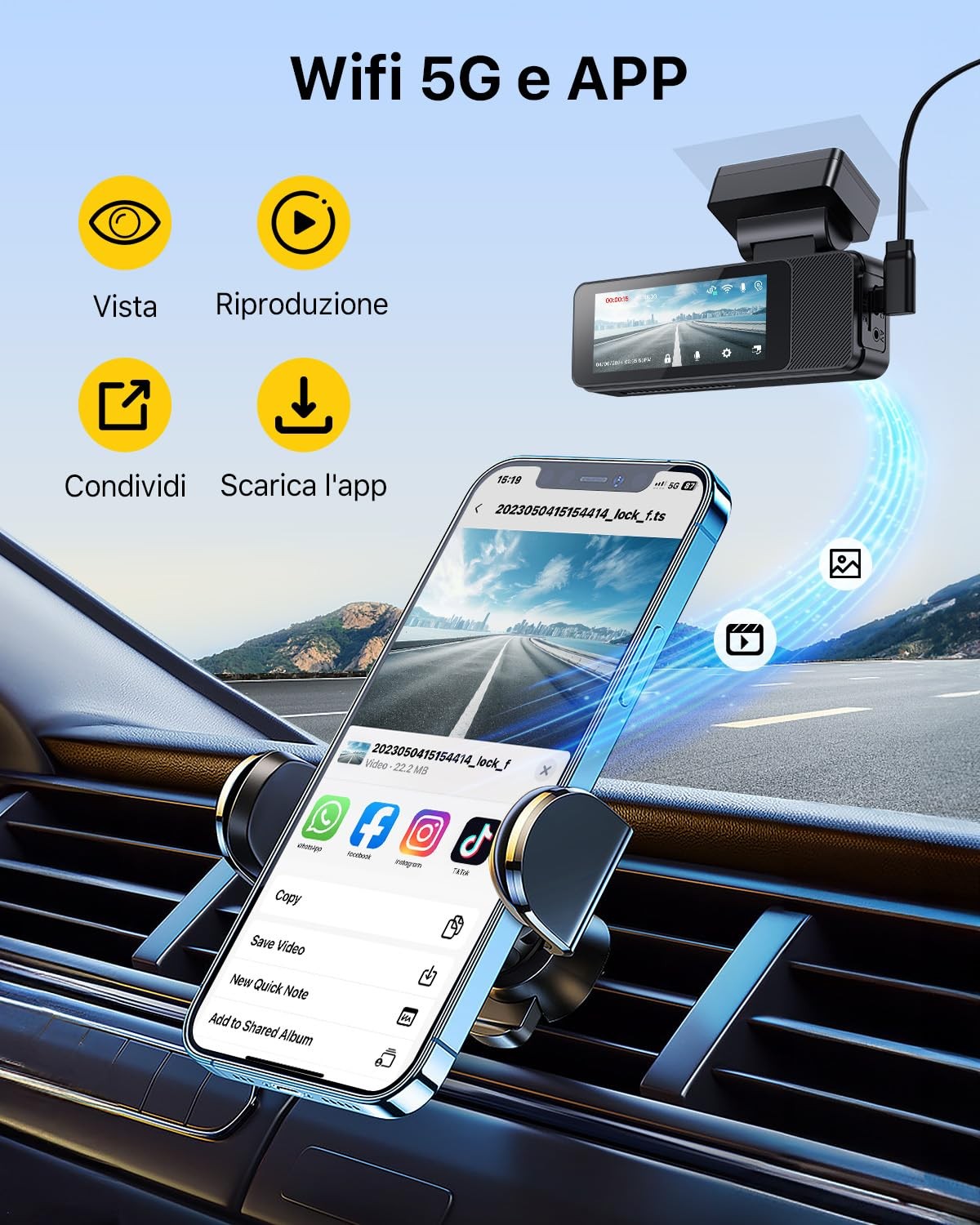 Gku Dash Cam Auto 4K 1080p Fronte e Retro Scheda Sd 64gb Inclusa 5.8ghz WIFI GPS - Miniatura 15