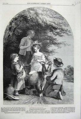 Original Old Antique Print 1860 May Children Flowers Trees Goat Herder Country