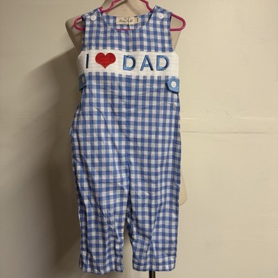 Boys Marie Nicole I Love Dad Smoked Jon Jon Romper 18-24 Months Blue Checkered
