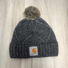 Carhartt Beanie Hat Women's OS Grey Wool Blend Cable Knit Faux Fur Pom