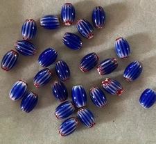 Set Of 25 Handmade Glass Chevron Oval Beads Blue & Red With White 