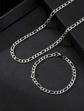 Stainless Steel Men&rsquo;s Figaro Chain Necklace & Bracelet Set 50cm 20cm Silver
