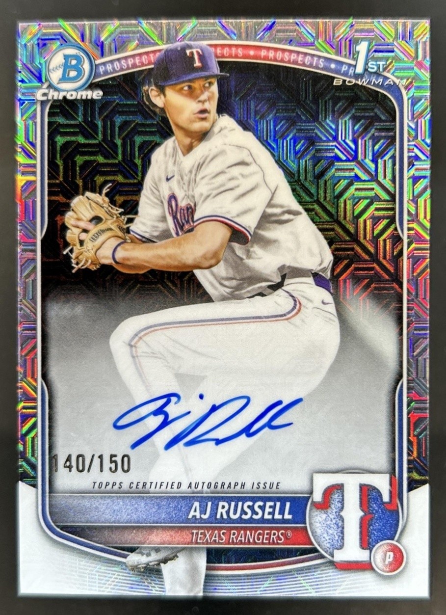 2025 Bowman Draft AJ Russell Chrome Auto HTA Choice Refractor 1st #/150 Rangers