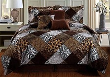 7 Piece Queen Size Brown Black White Animal Print Safari Comforter Set.