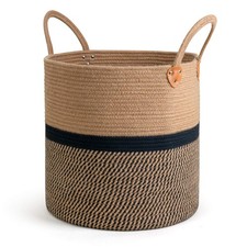Extra Large Jute Woven Storage Basket with Handles Black 16x16 In Decor