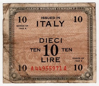 1943 A ITALY 10 LIRE WARTIME WWII MILITARY CURRENCY WORLD BANKNOTE BILL
