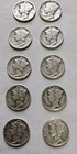 Mercury Dimes Lot Of 10 90% Silver 1 Face 1935- 1945 Various Dates And Mints #22