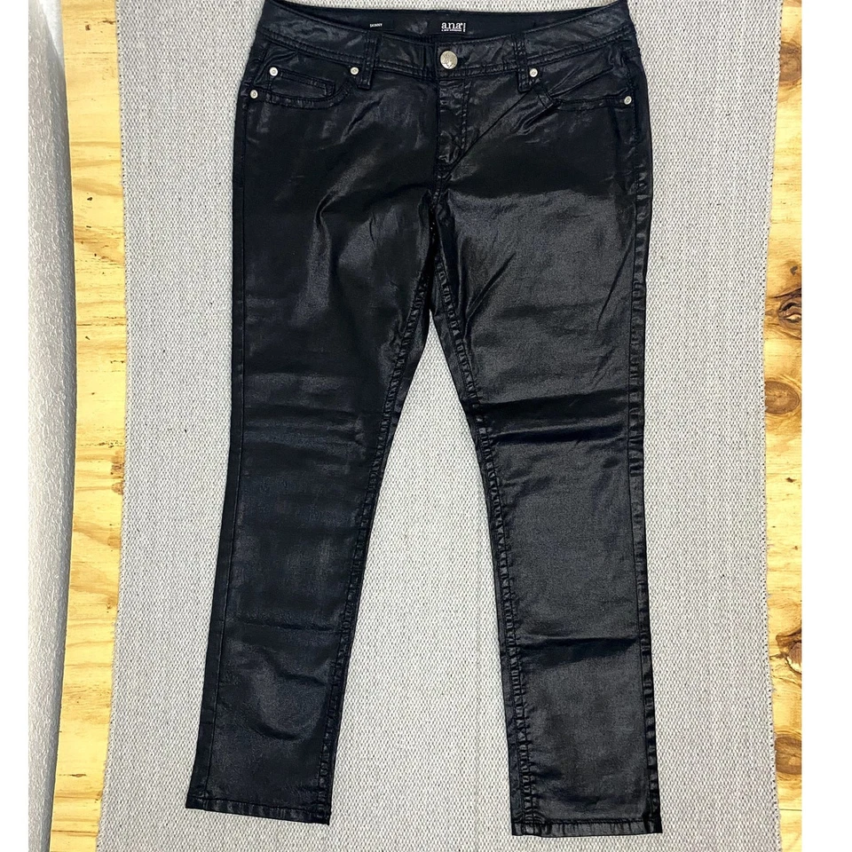 Pantalones de mezclilla recubiertos a.n.a Petite para mujer 12P 34X38 negros cera ajustados brillantes elásticos motociclista Foto 3 de 4