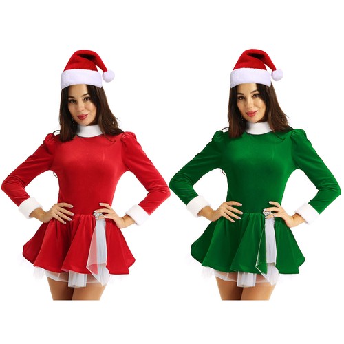 Women's Christmas Dress Santa Claus with Hats Costume Leotard Dresses Dancewear - Picture 3 of 33