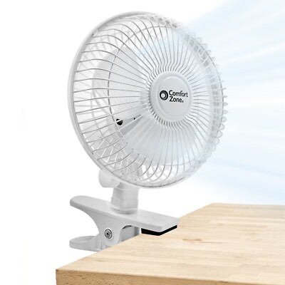 Comfort Zone Clip on Desk Fan, 6 inches, 2 Speed, Fully Adjustable Tilt, White