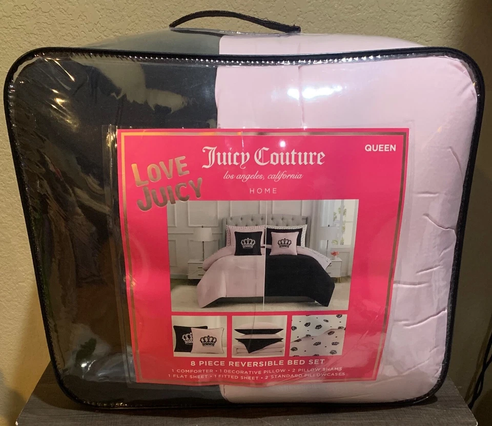 Conjunto de edredom, fronhas, lençóis, travesseiro Juicy Couture preto/rosa reversível 8 peças Queen - Imagem 2 de 4