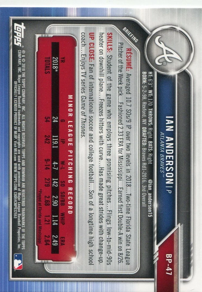 2019 BOWMAN PROSPECTS RC IAN ANDERSON ATLANTA BRAVES ROOKIE - A1793-1 - Image 2 of 2