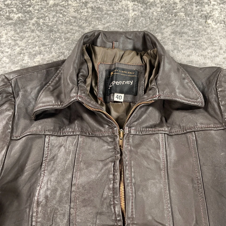 Chaqueta de Cuero JC Penney De Colección Para Hombres 40 Marrón Motociclista Punk Años 70 80 Cremallera Foto 2 de 4