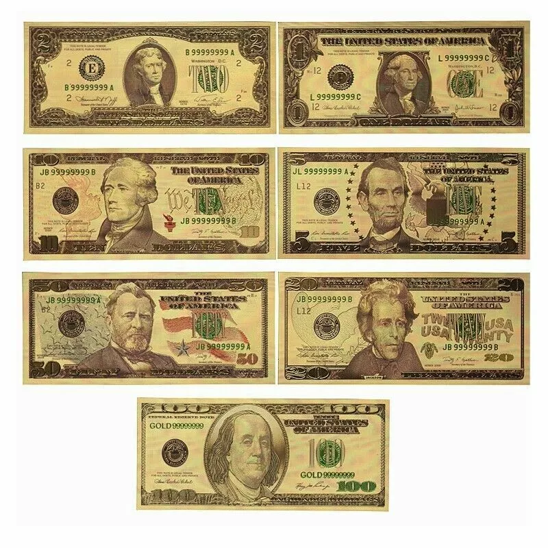 7PCS USD 1/2/5/10/20/50/100 Gold Dollar Bill Full Set Gold Banknote Colorful